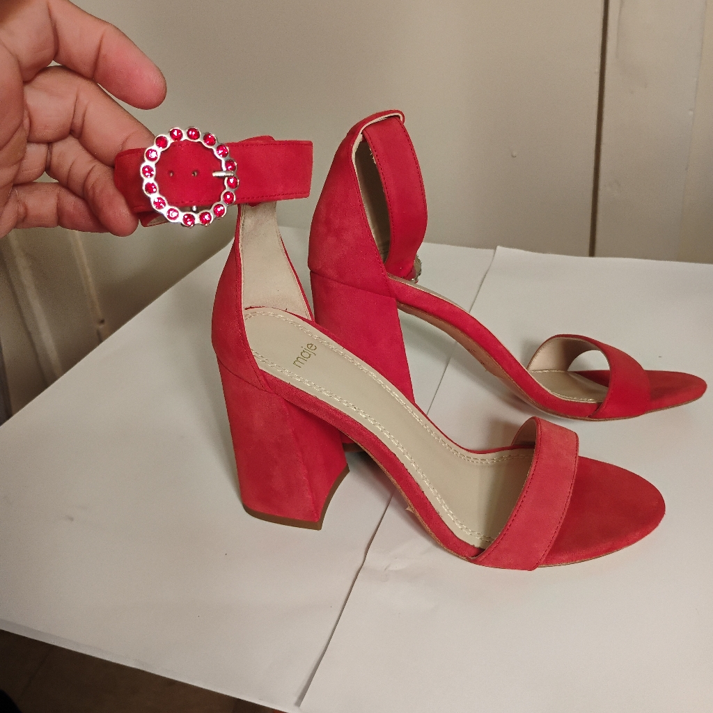 Maje Fariaz Red Suede Ankle Strap Block Heels Fr 37 New Display